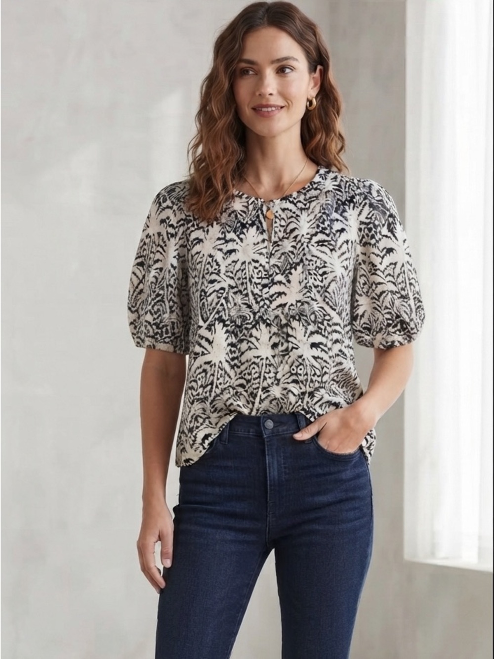 Panama Jack Linen Blend Tropical Floral Balloon Sleeve Blouse Sz XS 19”-20” PTP
